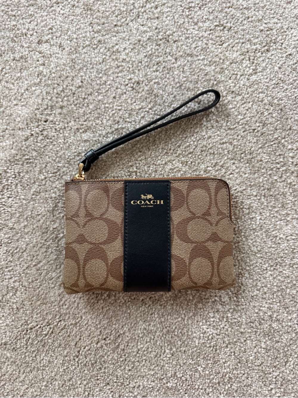 Coach Brown Signature Canvas Wristlet with Black Leather Panel and Gold Hardware
